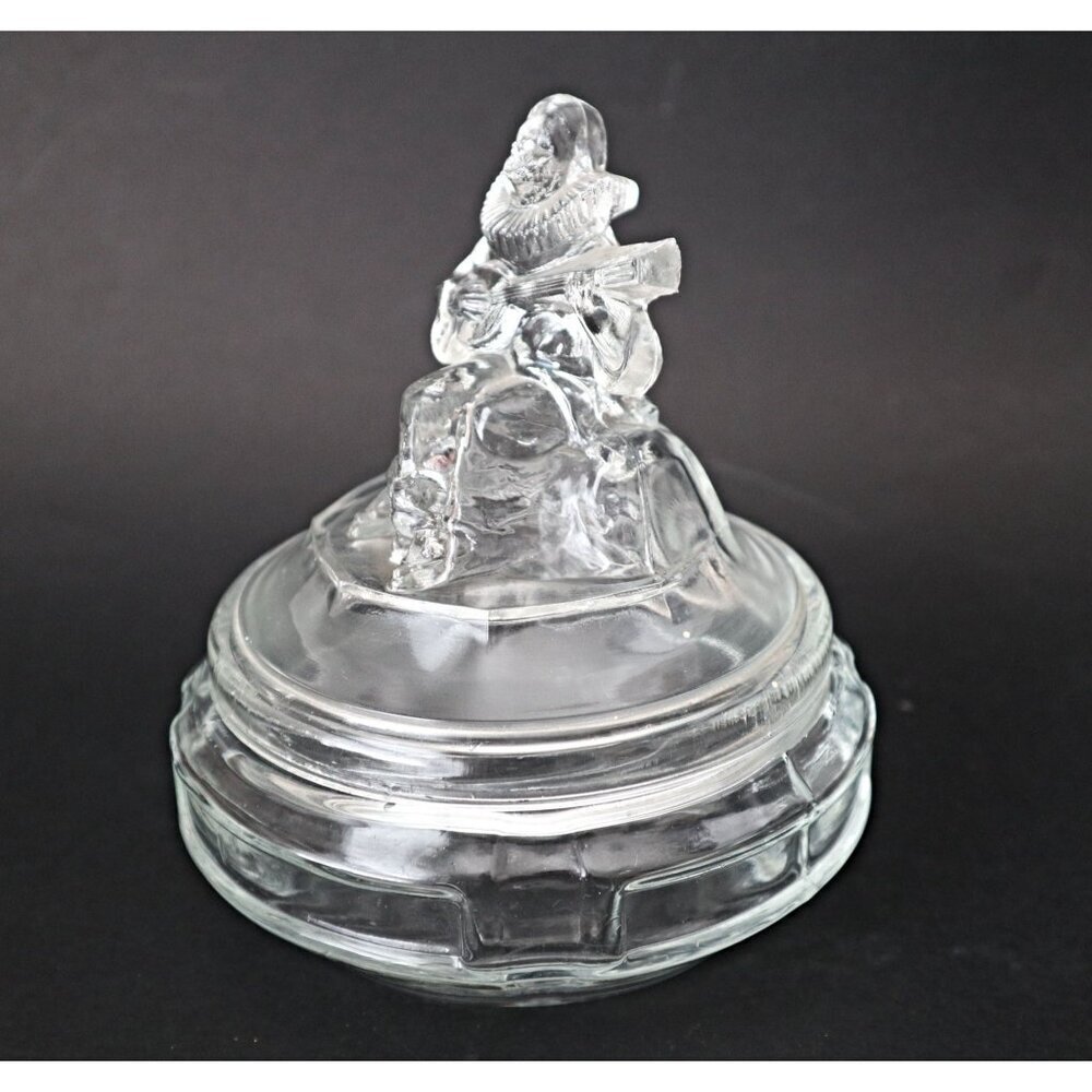Vintage L E SMITH "MINSTREL" Clear Glass Powder Jar Covered Trinket Box